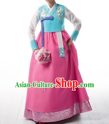 Asian Korean National Handmade Formal Occasions Wedding Bride Clothing Embroidered Green Blouse and Pink Dress Palace Hanbok Costume for Women