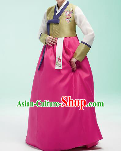 Asian Korean National Handmade Formal Occasions Wedding Bride Clothing Embroidered Grass Green Blouse and Pink Dress Palace Hanbok Costume for Women
