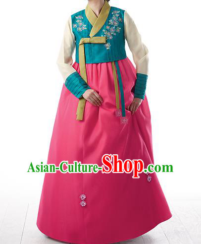 Asian Korean National Handmade Formal Occasions Wedding Bride Clothing Embroidered Green Blouse and Pink Dress Palace Hanbok Costume for Women