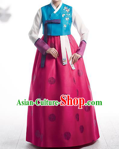 Asian Korean National Handmade Formal Occasions Wedding Bride Clothing Embroidered Blue Blouse and Pink Dress Palace Hanbok Costume for Women