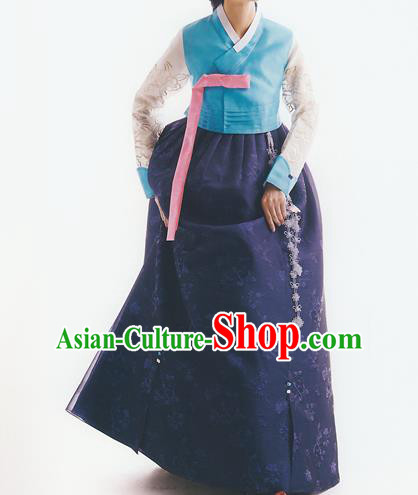 Korean National Handmade Formal Occasions Wedding Bride Clothing Embroidered Blue Blouse and Navy Dress Palace Hanbok Costume for Women
