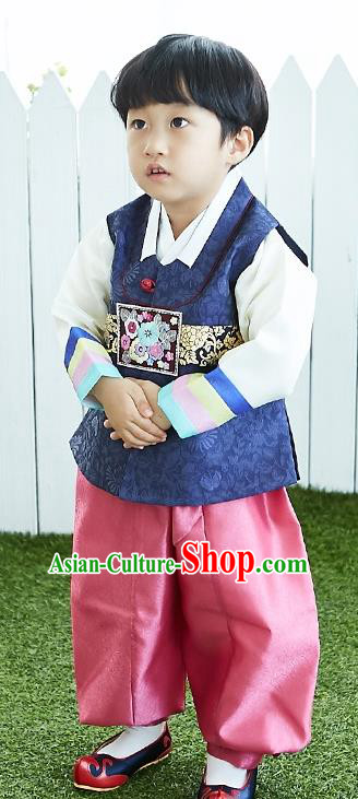 Asian Korean National Traditional Handmade Formal Occasions Boys Embroidery Navy Vest Hanbok Costume Complete Set for Kids