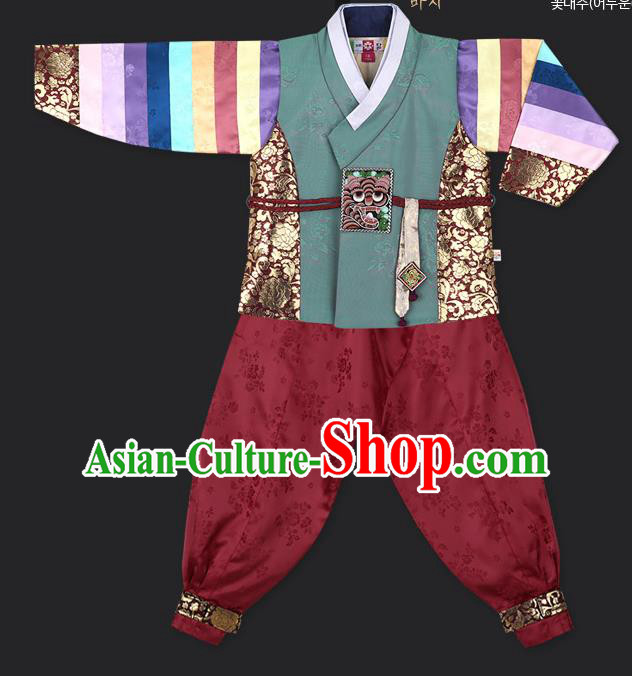 Asian Korean National Traditional Handmade Formal Occasions Boys Embroidery Green Vest Hanbok Costume Complete Set for Kids