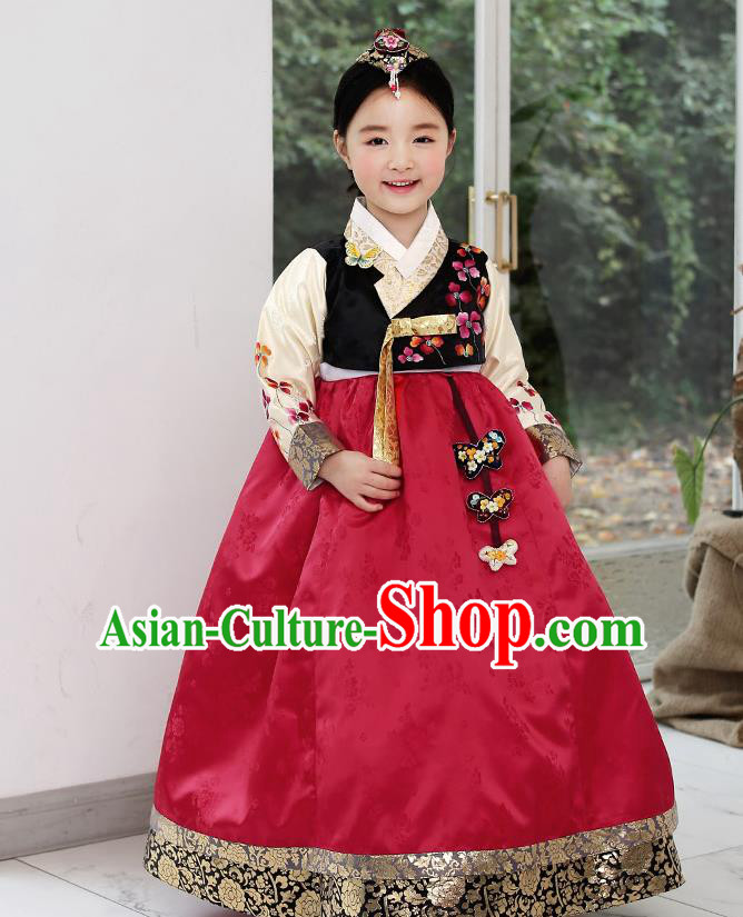 Asian Korean National Handmade Formal Occasions Wedding Clothing Black Blouse and Red Dress Palace Hanbok Costume for Kids