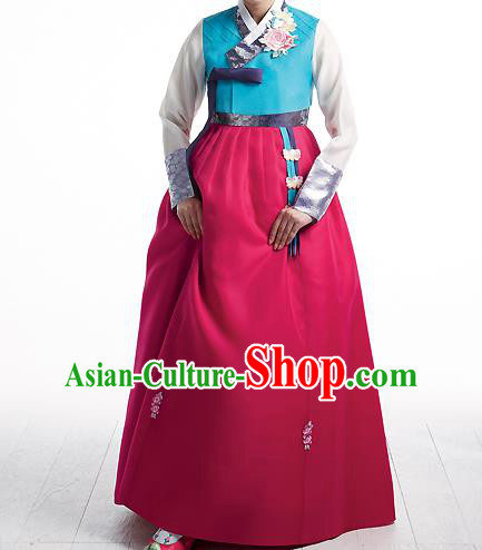 Asian Korean National Handmade Formal Occasions Wedding Bride Clothing Embroidered Blue Blouse and Rosy Dress Palace Hanbok Costume for Women