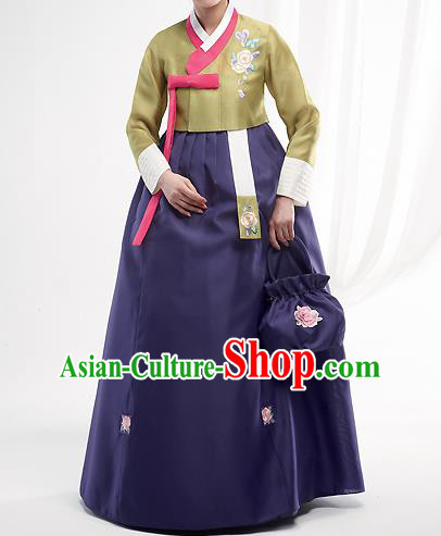 Asian Korean National Handmade Formal Occasions Wedding Bride Clothing Embroidered Green Blouse and Blue Dress Palace Hanbok Costume for Women