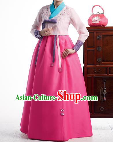 Asian Korean National Handmade Formal Occasions Wedding Bride Clothing Embroidered Pink Blouse and Dress Palace Hanbok Costume for Women