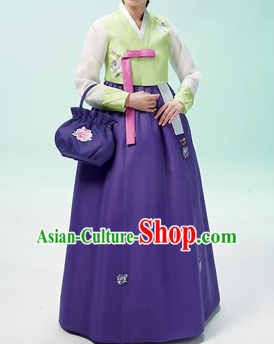 Korean National Handmade Formal Occasions Wedding Bride Clothing Embroidered Green Blouse and Purple Dress Palace Hanbok Costume for Women