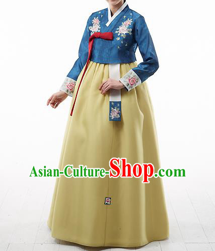 Asian Korean National Handmade Formal Occasions Wedding Bride Clothing Embroidered Blue Blouse and Yellow Dress Palace Hanbok Costume for Women