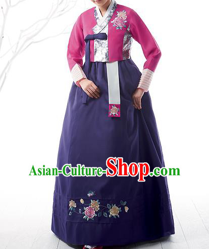 Asian Korean National Handmade Formal Occasions Wedding Bride Clothing Embroidered Pink Blouse and Purple Dress Palace Hanbok Costume for Women