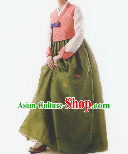 Korean National Handmade Formal Occasions Wedding Bride Clothing Embroidered Pink Blouse and Green Dress Palace Hanbok Costume for Women