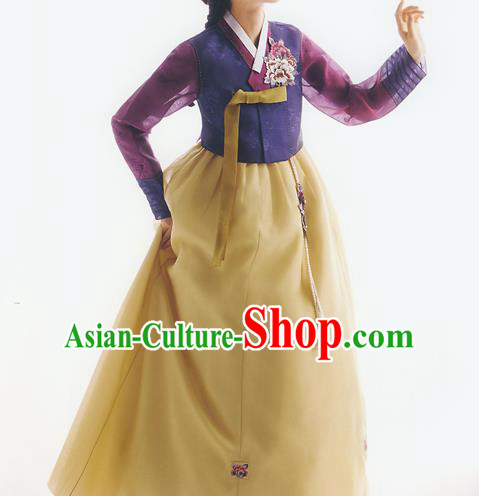 Korean National Handmade Formal Occasions Wedding Bride Clothing Embroidered Purple Blouse and Yellow Dress Palace Hanbok Costume for Women