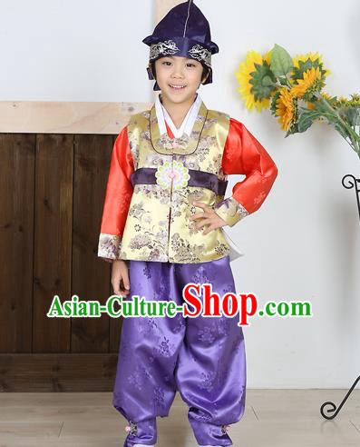 Asian Korean National Traditional Handmade Formal Occasions Boys Embroidery Golden Vest Hanbok Costume Complete Set for Kids