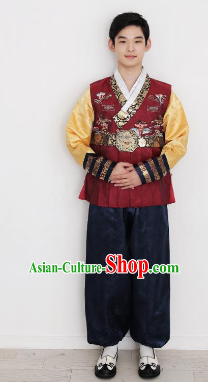 Asian Korean National Traditional Handmade Formal Occasions Bridegroom Embroidery Red Vest Hanbok Costume Complete Set for Men