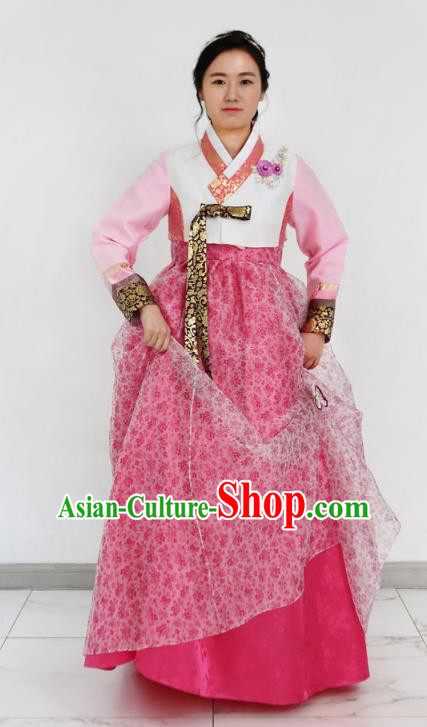 Asian Korean National Handmade Formal Occasions Wedding Bride Clothing Embroidered White Blouse and Pink Dress Palace Hanbok Costume for Women