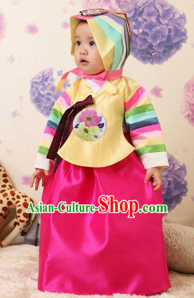 Asian Korean National Handmade Formal Occasions Clothing Embroidered Yellow Blouse and Rosy Dress Palace Hanbok Costume for Kids