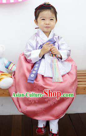 Asian Korean National Handmade Formal Occasions Clothing Embroidered Lilac Blouse and Pink Dress Palace Hanbok Costume for Kids