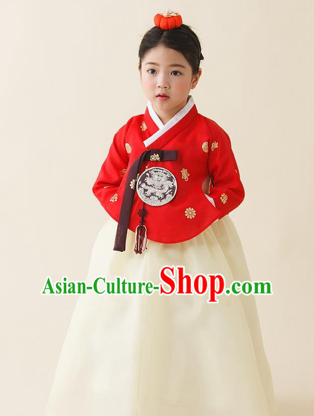 Asian Korean National Handmade Formal Occasions Clothing Embroidered Red Blouse and White Dress Palace Hanbok Costume for Kids