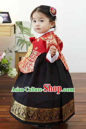 Asian Korean National Handmade Formal Occasions Clothing Embroidered Red Blouse and Black Dress Palace Hanbok Costume for Kids