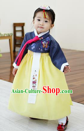 Asian Korean National Handmade Formal Occasions Clothing Embroidered Navy Blouse and Yellow Dress Palace Hanbok Costume for Kids