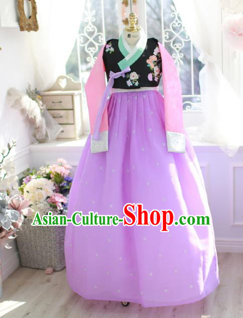 Korean National Handmade Formal Occasions Bride Clothing Hanbok Costume Embroidered Black Blouse and Purple Dress for Women