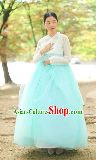 Korean National Handmade Formal Occasions Bride Clothing Hanbok Costume White Blouse and Blue Dress for Women