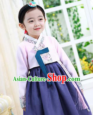 Korean National Handmade Formal Occasions Girls Hanbok Costume Embroidered Pink Blouse and Navy Dress for Kids