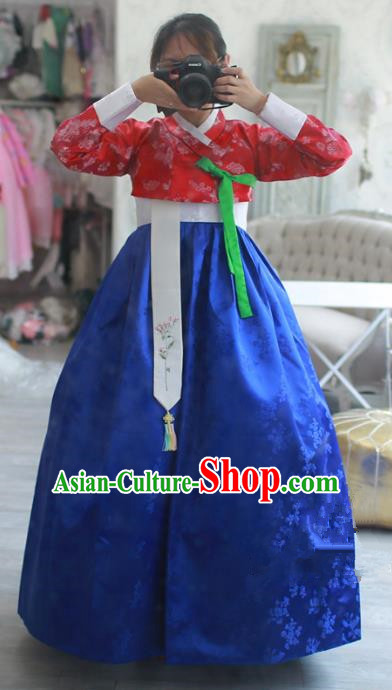 Korean National Handmade Formal Occasions Bride Clothing Hanbok Costume Embroidered Red Blouse and Blue Dress for Women