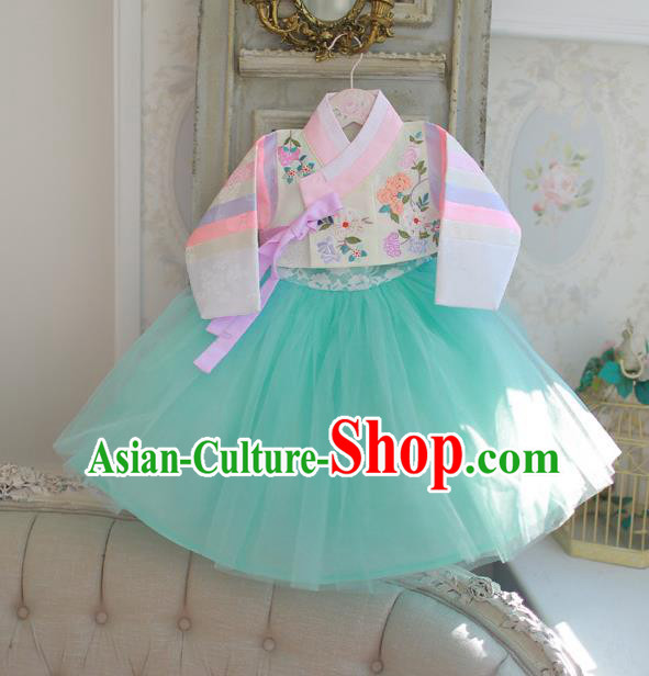 Korean National Handmade Formal Occasions Girls Hanbok Costume Embroidered White Blouse and Green Veil Dress for Kids