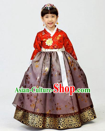 Asian Korean National Handmade Formal Occasions Wedding Girls Clothing Embroidered Red Blouse and Purple Dress Palace Hanbok Costume for Kids
