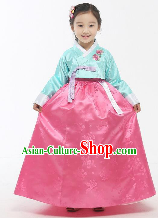 Asian Korean National Handmade Formal Occasions Wedding Girls Clothing Embroidered Green Blouse and Pink Dress Palace Hanbok Costume for Kids