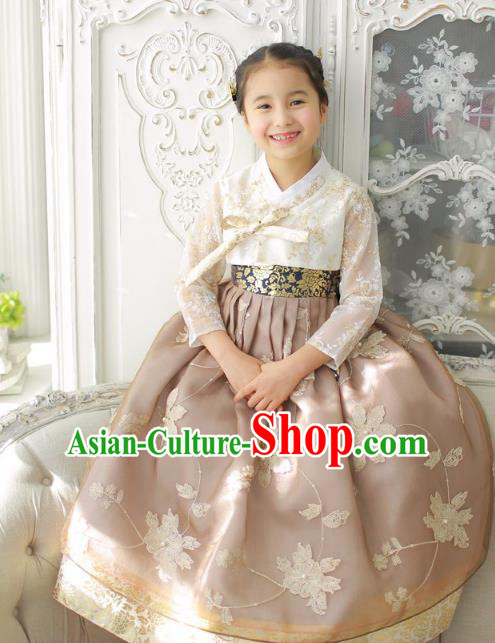 Asian Korean National Handmade Formal Occasions Wedding Girls Clothing Embroidered White Blouse and Wheat Dress Palace Hanbok Costume for Kids