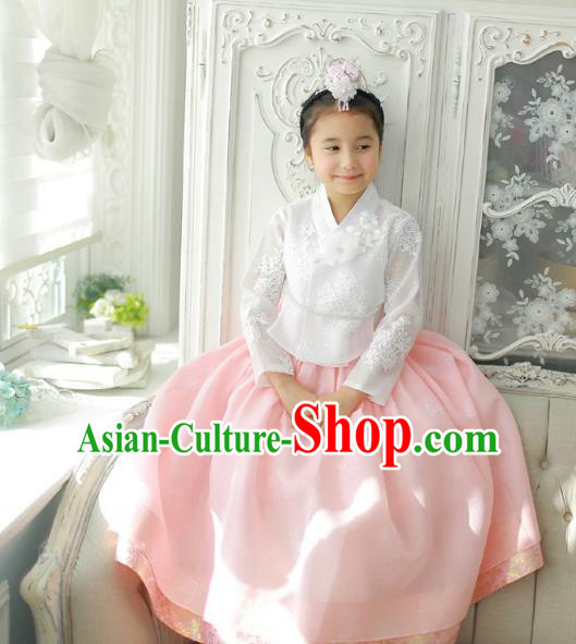 Asian Korean National Handmade Formal Occasions Wedding Girls Clothing Embroidered White Blouse and Pink Dress Palace Hanbok Costume for Kids