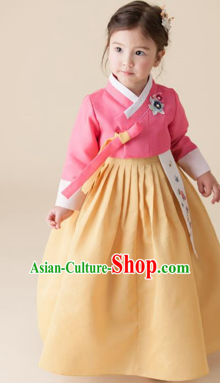 Asian Korean National Handmade Formal Occasions Wedding Girls Clothing Embroidered Pink Blouse and Yellow Dress Palace Hanbok Costume for Kids