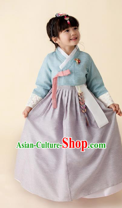 Asian Korean National Handmade Formal Occasions Wedding Girls Clothing Embroidered Blue Blouse and Grey Dress Palace Hanbok Costume for Kids
