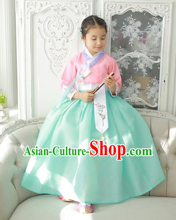 Asian Korean National Handmade Formal Occasions Wedding Girls Clothing Embroidered Pink Blouse and Green Dress Palace Hanbok Costume for Kids