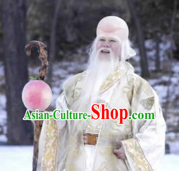 Chinese Ancient Opera Old Men God of Longevity Beard Eyebrows Complete Set, Traditional Chinese Beijing Opera Taoist Priest White Mustache for Men