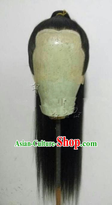 Chinese Ancient Opera Swordsman Taoist Priest Black Wig, Traditional Chinese Tang Dynasty Kawaler Wig Sheath for Men