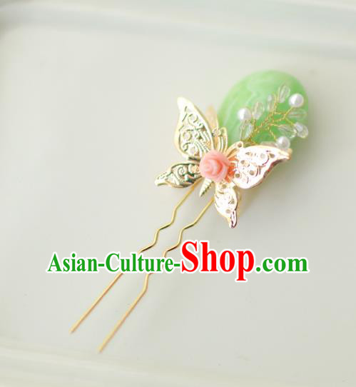 Korean National Hair Accessories Butterfly Green Hairpins, Asian Korean Hanbok Fashion Bride Wedding Hair Stick Headwear for Women