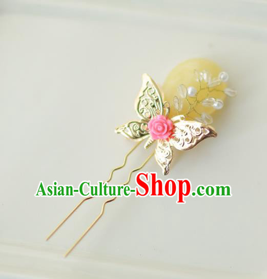 Korean National Hair Accessories Butterfly Yellow Hairpins, Asian Korean Hanbok Fashion Bride Wedding Hair Stick Headwear for Women