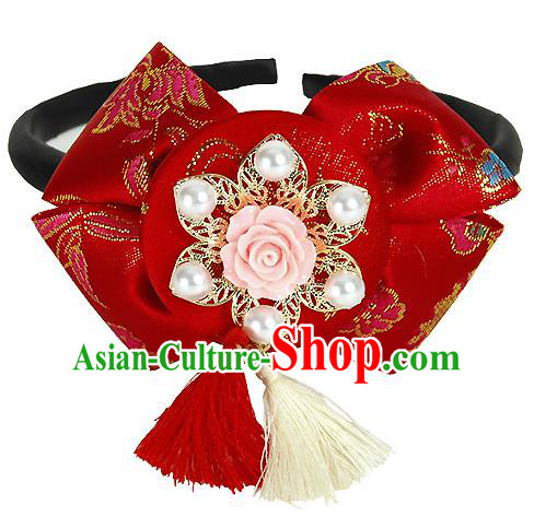 Korean National Hair Accessories Red Bowknot Hair Clasp Headband, Asian Korean Hanbok Fashion Bride Headwear for Kids