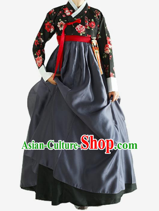 Asian Korean National Handmade Wedding Clothing Palace Bride Hanbok Costume Embroidered Black Blouse and Dress for Women