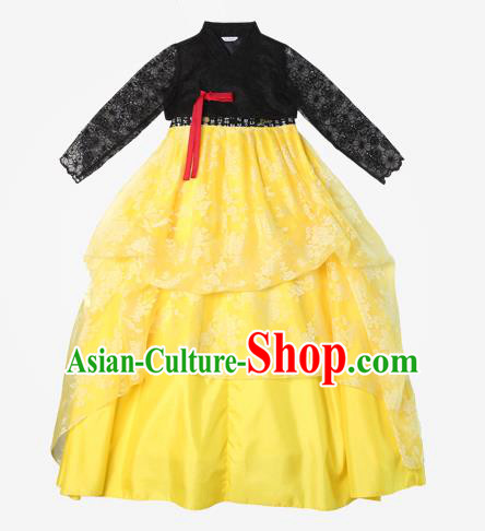 Asian Korean National Handmade Wedding Clothing Palace Bride Hanbok Costume Embroidered Black Lace Blouse and Yellow Dress for Women