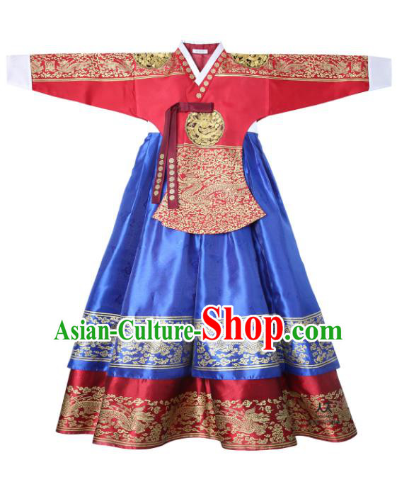 Asian Korean National Handmade Wedding Clothing Palace Bride Hanbok Costume Embroidered Red Blouse and Blue Dress for Women