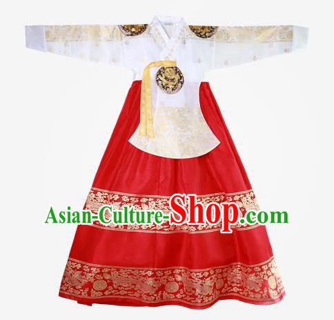 Top Grade Korean National Handmade Wedding Clothing Palace Bride Hanbok Costume Embroidered White Blouse and Red Dress for Women
