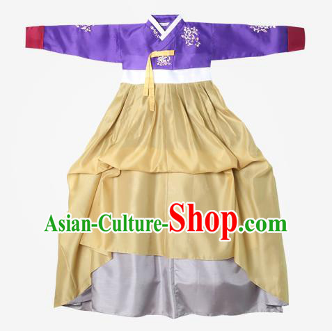 Top Grade Korean National Handmade Wedding Clothing Palace Bride Hanbok Costume Embroidered Purple Blouse and Yellow Dress for Women