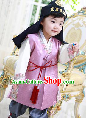 Asian Korean National Traditional Handmade Formal Occasions Boys Embroidery Pink Vest Hanbok Costume Complete Set for Kids