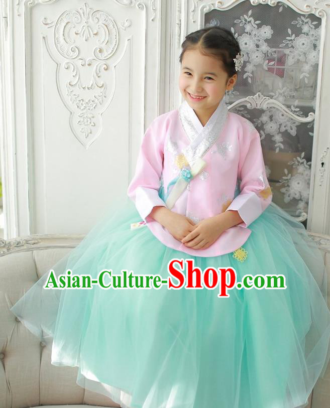 Korean National Handmade Formal Occasions Girls Clothing Palace Hanbok Costume Embroidered Pink Blouse and Green Dress for Kids
