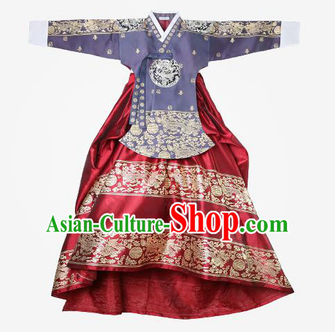 Top Grade Korean National Handmade Wedding Clothing Palace Bride Hanbok Costume Embroidered Purple Blouse and Red Dress for Women