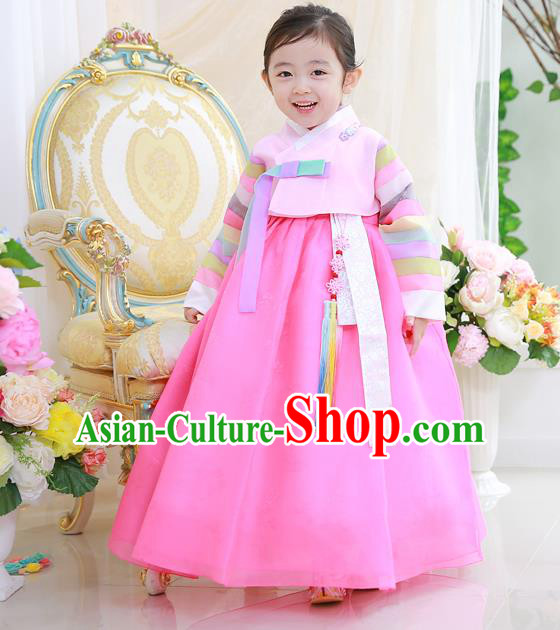 Korean National Handmade Formal Occasions Girls Clothing Palace Hanbok Costume Embroidered Pink Blouse and Dress for Kids